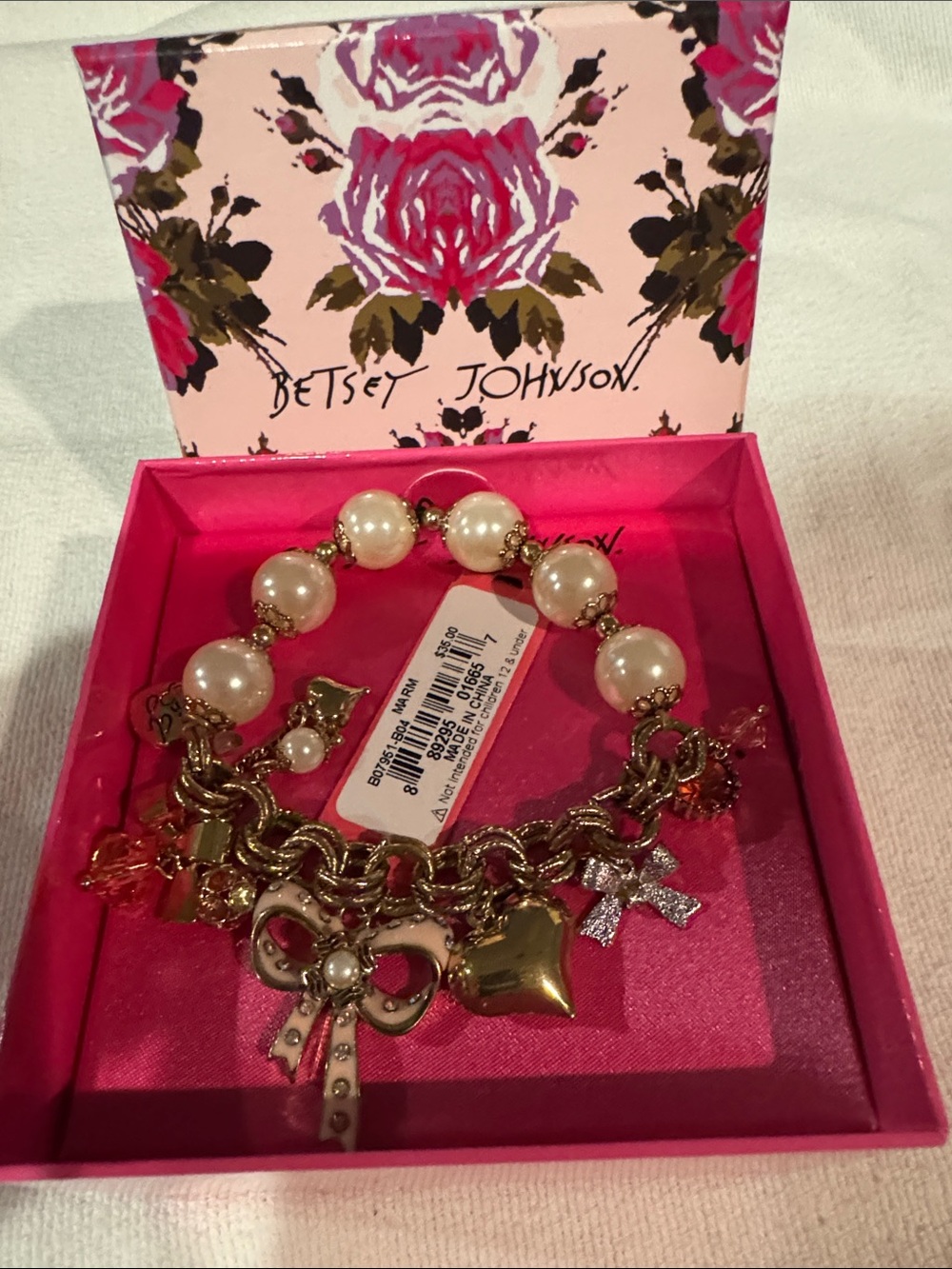 Betsey Johnson Gold-Tone Pearl Bracelet with Pink Crystal Charms / NWT